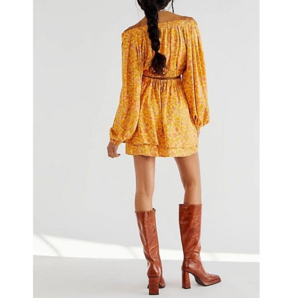 Free People Jael Mini Dress Women's M Yellow Floral Artsy Cottagecore Peasant - Picture 8 of 13